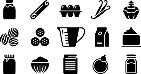 Baking Ingredients Icons:  Simple Black Glyph Style, Sweet Mood