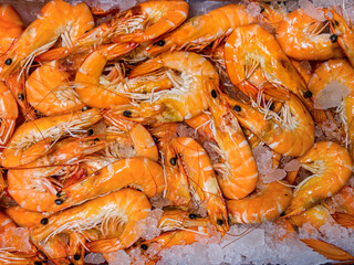 Red boiled shrimp prawns on ice background closeup