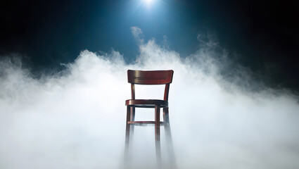 Empty wooden chair in a foggy environment with a bright light casting a mysterious atmosphere creating drama and intrigue