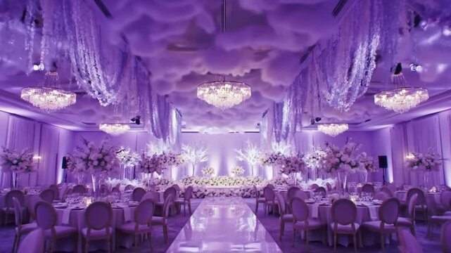 A luxurious wedding reception hall with stunning purple decor