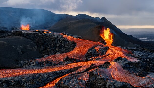 lava flowing down the slopes of an active volcano