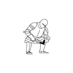 Line drawing of a knight in full armor kneeling and holding a weapon in both hands looking down