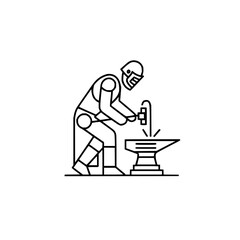 A blacksmith in a helmet working with a hammer on an anvil in a minimalist line art style design image