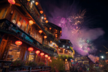 Obraz premium Blurred background with traditional Chinese-style houses adorned with red lanterns, vibrant fireworks illuminating the night sky. Festive atmosphere celebrating Chinese New Year or cultural holiday.