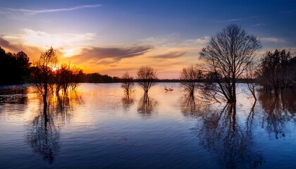 Fototapeta premium dusk over lake featuring submerged trees at sunset