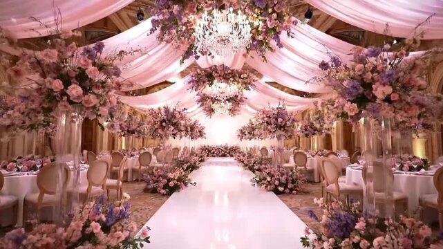 An elegant wedding reception hall decorated with flowers