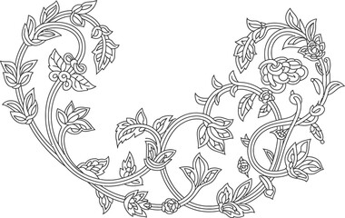 Fototapeta premium Elegant Monochrome Floral Design: Intricate Line Art, Vintage Style, Decorative Corner Element.