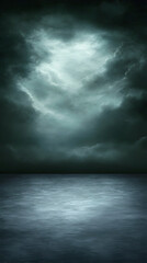 Dark stormy sky over calm water. Possible use for backgrounds, mood boards, or digital art