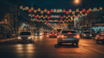 Blurred background of cars driving down street decorated with Christmas lights and festive ornaments, glowing garlands hanging above road, evening scene with warm colorful lighting.