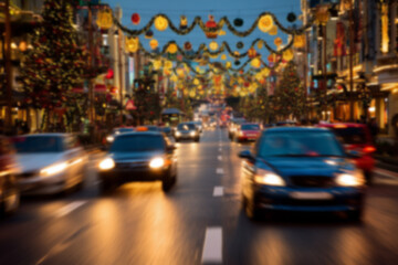 Blurred background of cars driving down street decorated with Christmas lights and festive ornaments, glowing garlands hanging above road, evening scene with warm colorful lighting.