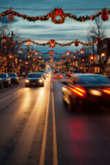 Fototapeta premium Blurred background of cars driving down street decorated with Christmas lights and festive ornaments, glowing garlands hanging above road, evening scene with warm colorful lighting.