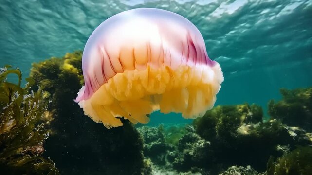 A vibrant jellyfish swims gracefully in clear blue water. Its bell is translucent with pink and orange hues, surrounded by green seaweed.