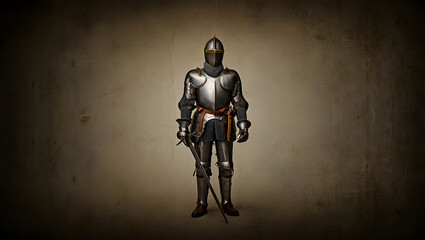 Full medieval armor suit with sword standing guard in historical display concept for reenactment or museum