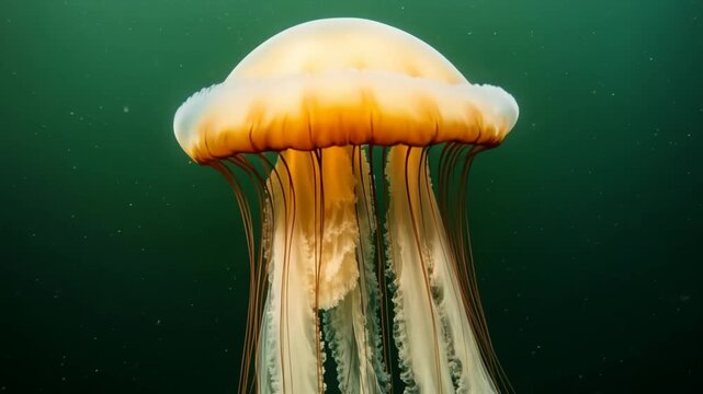 A vibrant jellyfish floats gracefully in deep water. Its bell is orange with yellow edges, and long, flowing tentacles trail behind it.