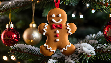Gingerbread Man Ornament Hanging on Christmas Tree with Festive Holiday Decorations and Twinkling Lights Creating a Warm Atmosphere