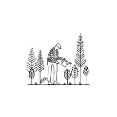 Man watering plants in a garden with a watering can in a simple black and white line drawing style