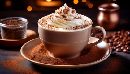 freshly brewed coffee in a cup with a generous topping of whipped cream and a dusting of cocoa powder