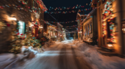 Obraz premium Blurred background with cozy streets and houses decorated for Christmas with colorful lights, wreaths, garlands, and glowing ornaments, snowy ground setting a warm festive atmosphere in the evening.