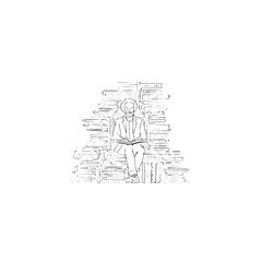 Line art of a man with beard sitting on a stack of books and reading a book in black and white style