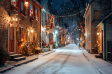Fototapeta premium Blurred background with cozy streets and houses decorated for Christmas with colorful lights, wreaths, garlands, and glowing ornaments, snowy ground setting a warm festive atmosphere in the evening.