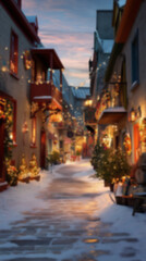 Fototapeta premium Blurred background with cozy streets and houses decorated for Christmas with colorful lights, wreaths, garlands, and glowing ornaments, snowy ground setting a warm festive atmosphere in the evening.