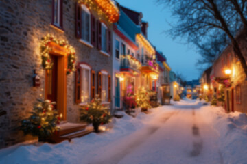 Obraz premium Blurred background with cozy streets and houses decorated for Christmas with colorful lights, wreaths, garlands, and glowing ornaments, snowy ground setting a warm festive atmosphere in the evening.