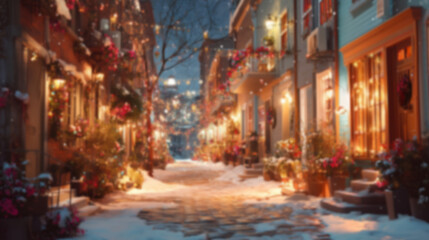 Blurred background with cozy streets and houses decorated for Christmas with colorful lights, wreaths, garlands, and glowing ornaments, snowy ground setting a warm festive atmosphere in the evening.