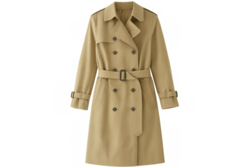 Beige trench coat positioned in studio setting, transparent backdrop highlighting elegant outerwear design for fashion presentations