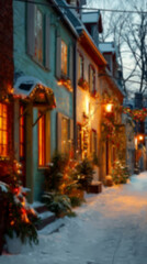 Obraz premium Blurred background with cozy streets and houses decorated for Christmas with colorful lights, wreaths, garlands, and glowing ornaments, snowy ground setting a warm festive atmosphere in the evening.