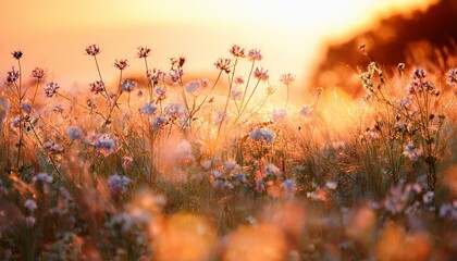 serene sunset meadow double exposure of soft flowers golden light