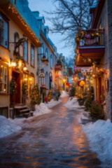 Obraz premium Blurred background with cozy streets and houses decorated for Christmas with colorful lights, wreaths, garlands, and glowing ornaments, snowy ground setting a warm festive atmosphere in the evening.