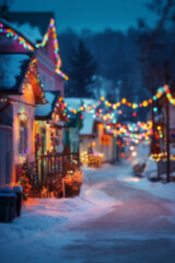 Blurred background with cozy streets and houses decorated for Christmas with colorful lights, wreaths, garlands, and glowing ornaments, snowy ground setting a warm festive atmosphere in the evening.