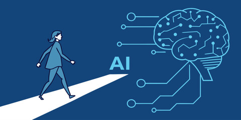Illustration of a woman walking towards ai brain isolated on white background, representing future