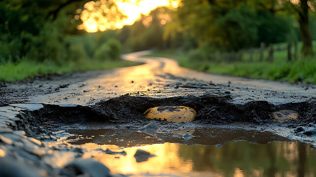 Pothole on a Country Road at Sunset