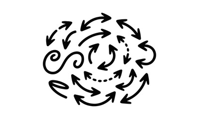 Scalable modern vector illustration of various hand-drawn arrows, styles such as straight, curved, wavy, spiral, dashed, zigzag, looped, circular, easily editable.