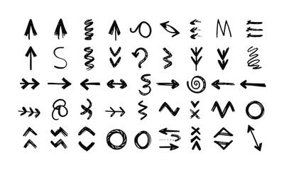 Scalable modern vector illustration of various hand-drawn arrows, styles such as straight, curved, wavy, spiral, dashed, zigzag, looped, circular, easily editable.