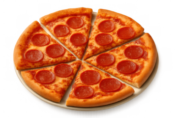 Sliced pepperoni pizza on a plate, creating a visually appealing presentation, ready to be enjoyed, with transparent background