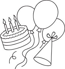 Birthday cake balloons party hat celebration vector