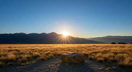 Golden Hour Vista: A stunning landscape featuring a radiant sunrise, bathing the scene in a warm, inviting light, with a large boulder as a focal point.