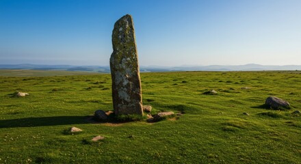 Standing Stone on a Green Landscape: A solitary standing stone punctuates the vast, verdant expanse, its weathered surface whispering tales of time and heritage against the backdrop of a clear.