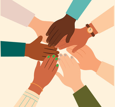 Ilustraci&oacute;n vectorial minimalista de varias manos de diferentes tonos de piel unidas en un c&iacute;rculo,  inclusi&oacute;n, diversidad cultural, igualdad y trabajo en equipo.  recursos humanos, ONGs