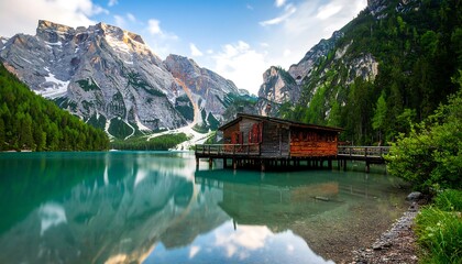 Serene alpine lake cabin at dawn