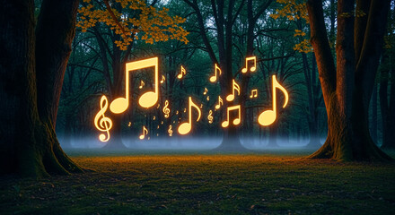 Enchanted Forest: Glowing Musical Notes in a Mystical Woodscape