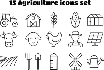 Fototapeta premium 15 agriculture icons set featuring tractor, barn, wheat, corn, greenhouse, cow, sheep, chicken, farmer, solar panel, field, pitchfork, shovel, silo, windmill, and watering can, arranged in three rows,