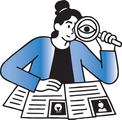 Person examining documents with magnifying glass woman examination