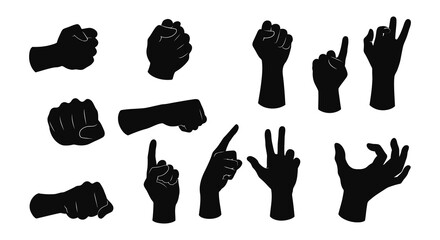 Collection of black silhouette hands displaying various gestures and poses against a white background