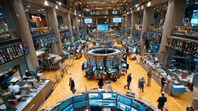 Navigating the Financial Epicenter: Captivating top-down perspective of a dynamic trading floor, filled with intense activity. A stunning display of technological infrastructure and people.