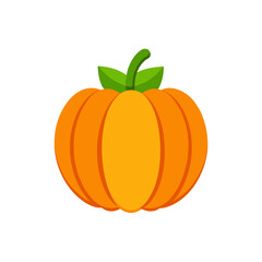 Simple orange pumpkin with green stem and leaves isolated on transparent background