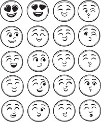 A colorful set of various yellow smiley faces illustrating different human emotions and expressions