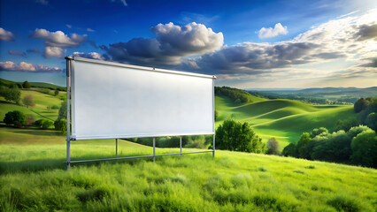 Blank billboard in a green landscape with rolling hills and a cloudy sky at sunset